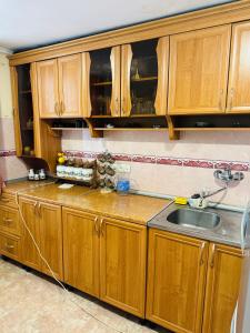 eine Küche mit Holzschränken und einer Spüle in der Unterkunft Erik Guest House in Bordschomi