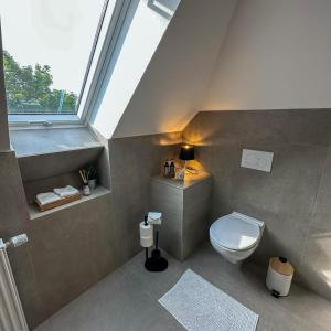 an attic bathroom with a toilet and a window at Uferresidenz Altbau mit Kanalblick und Parkplätzen in Oldenburg