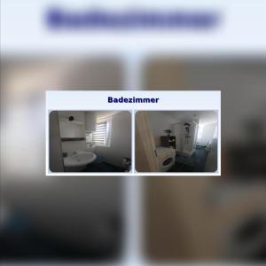 two pictures of a bathroom with a sink and a toilet at Ferienwohnung Lea in Sangerhausen