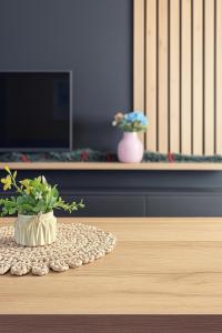 a table with a potted plant on top of it at Apartmani Sestosed-Snezna Dolina in Jahorina