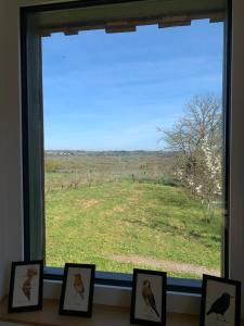a window with a view of a field with framed pictures at Le 13 bis in Champtoceaux