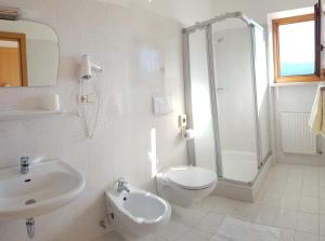 a bathroom with a toilet and a sink and a shower at Wohnung Mölten in Meltina