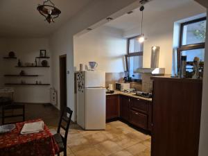 a kitchen with a white refrigerator and a table at Retro apartament in Arad