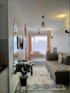 a living room with a couch and a mirror at Kiambu cozy studio in Kiambu
