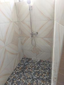 a bathroom with a shower with a tiled floor at Sea View Rodrigues - Mourouk in Rodrigues Island