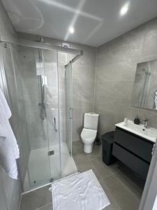 a bathroom with a shower and a toilet and a sink at Apartamentos Isla del Santo in Marín +22 photos