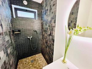 a bathroom with a shower with a toilet and a window at Maison Neuve - Spa Confort-6 personnes max-Le Havre in Saint-Pierre +58 photos