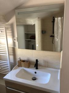 a bathroom with a white sink and a mirror at Chambre calme, climatisé, appartement N2 in Avignon
