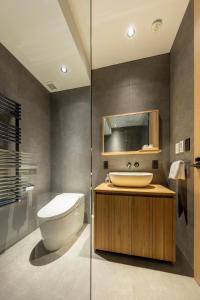a bathroom with a toilet and a sink and a mirror at IORI Niseko in Kutchan +23 photos