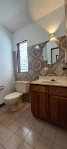 a bathroom with a toilet and a sink and a mirror at Casa Iliana in San José