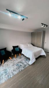 a bedroom with a bed and two chairs on a rug at ZYZ - Centro in Sao Paulo +9 photos