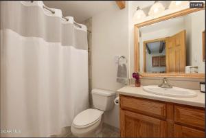 a bathroom with a toilet and a sink with a shower curtain at Quaint townhome in downtown Winter Park, Ski and Bikers Paradise, Walk to Town in Winter Park +13 photos