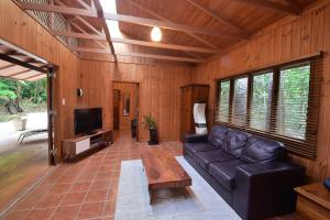 a living room with a leather couch and a tv at Daintree Cascades in Cape Tribulation