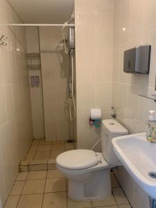 a bathroom with a shower and a toilet and a sink at M-town residence cozy apartment gading serpong in Pumpangsineng