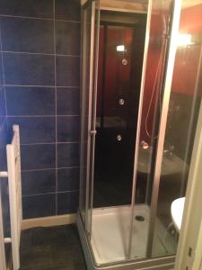 W łazience znajduje się prysznic ze szklanymi drzwiami. w obiekcie Studios des Thermes w mieście Bourbonne-les-Bains