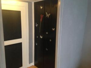 czarna szafa z motylami na ścianie w obiekcie Studios des Thermes w mieście Bourbonne-les-Bains