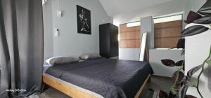 a bedroom with a bed with a black comforter at Piscines Privées et Chauffées, Private Heated Pools in Grand-Baie +48 photos