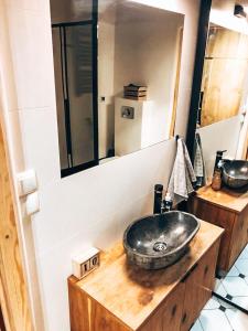 a bathroom with a sink and a mirror at Biodomek in Choszczno