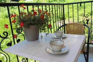 a table with two cups and a potted plant on a balcony at Swiss Residence Montenegro in Herceg-Novi
