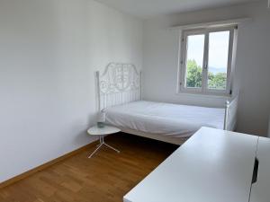 a small bedroom with a bed and a window at Room in Homestay with amazing view of lake - Zimmer in einer Gastfamilie mit herrlichem Blick auf den See in Feusisberg +9 photos