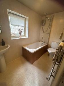 a bathroom with a tub and a toilet and a window at Kilnsey Wellbeing Barn With Hot Tub, Cold Plunge, Pet Friendly in Kilnsey +17 photos