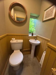 a bathroom with a toilet and a sink at Kilnsey Wellbeing Barn With Hot Tub, Cold Plunge, Pet Friendly in Kilnsey