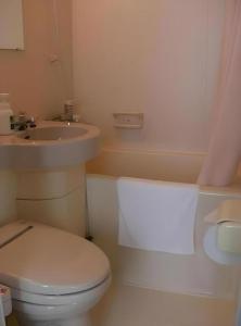 a bathroom with a white toilet and a sink at Hirata Maple Hotel in Izumo