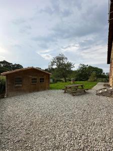 a wooden cabin with a picnic table and a bench at Casa Rural El Entamáu in Argüero