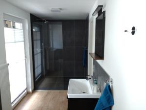 a bathroom with a sink and a shower at Jochen's Haus - Rooms - WiFi - TV in Siershahn