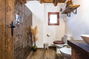 un baño con inodoro y lavabo en Masía La Parreta, en Villafranca del Cid 35 fotos más