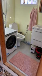 ein Badezimmer mit einem WC und einer Waschmaschine. in der Unterkunft Grandma's cottage in Sotkamo