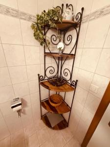 a shelf in a bathroom with a plant on it at Appartement in 1700m mit Traumblick in Grächen +22 photos