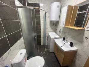 Un baño con inodoro, lavabo y ducha. en Ohrid Apartment, en Ohrid