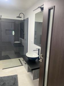 une salle de bain avec un lavabo et une douche en verre dans l'établissement Căsuța de la Răscruce, à Câmpulung Moldovenesc 3 autres photos
