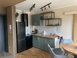 cocina con armarios verdes y nevera negra en Sielsko Anielsko Apartament, en Zawoja
