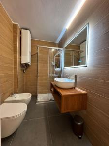 un bagno con lavandino, WC e specchio di Chalet Campiglio Mountain View - Guardabassi Collection a Madonna di Campiglio