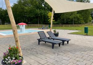 two chairs sitting under a pavilion next to a pool at Vakantiegeluk in Zorgvlied