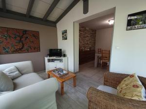 un salon avec un canapé et une table dans l'établissement Maison provençale avec piscine partagée, à Loriol-du-Comtat