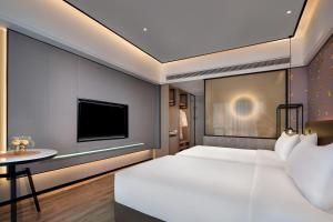 a bedroom with a bed and a tv on a wall at 上海野生动物园荷逸唐酒店-惠南地铁站店 in Nanhui