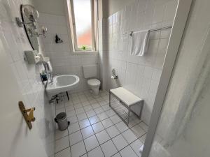 a white bathroom with a toilet and a sink at Hotel Carolinenhof in Bad Pyrmont +15 photos