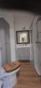 a bathroom with a toilet with a wooden seat at STUDIO bord de mer in San-Nicolao