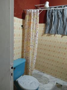 a bathroom with a toilet and a shower curtain at Miraflores 2- Calor de Hogar in Asuncion