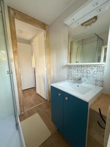 a bathroom with a blue sink and a mirror at Dépendance calme Gujan-Mestras in Gujan-Mestras