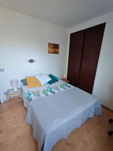 a bedroom with a bed with a blue comforter at Belle chambre dans appartement en colocation proche centre-ville de Montpellier in Montpellier