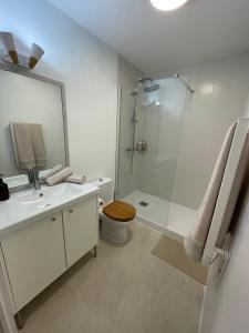 a bathroom with a shower and a toilet and a sink at Joli studio climatisé avec terrasse au calme in Nice