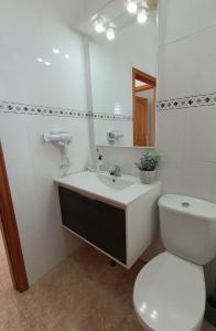 a bathroom with a toilet and a sink and a mirror at Casa Olini in Breña Alta +2 photos