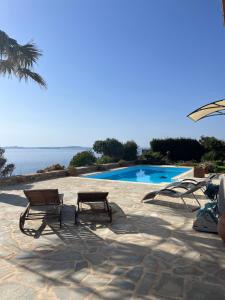 a patio with two chairs and a swimming pool at Ines’s Dream in Stelida