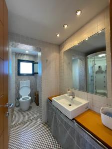 a bathroom with a sink and a toilet and a mirror at BLUE HOUSE in Paliouri +26 photos