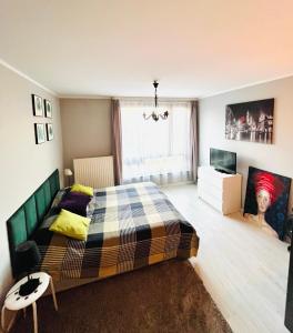 ein Schlafzimmer mit einem Bett und einem Fernseher darin in der Unterkunft Charming studio Center of Krakow in Krakau + 7 Fotos