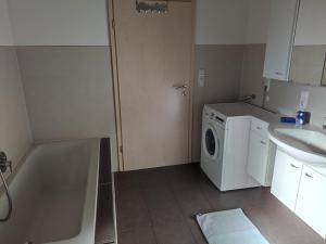 Un pequeño baño con lavadora y lavabo. en Ferienwohnung am Metzgerhof, en Bogen
